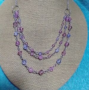 Elegant Pink and Purple Beaded Necklace Silvertone vintage